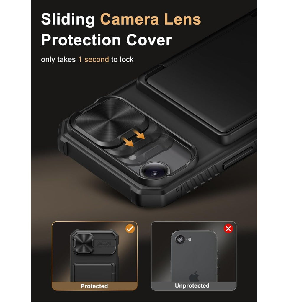 iPhone 16e Case with Card Holder (4 Cards) [RFID Blocking] & Slide Camera Cover, Military Grade Drop Protection, Rugged Hard Back & Silicone Edge Wallet Cover for iPhone SE4 2025, Black