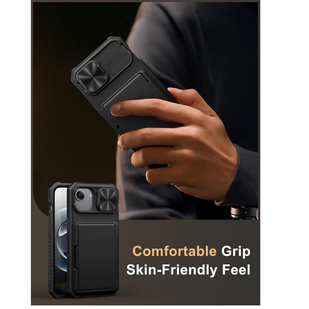 iPhone 16e Case with Card Holder (4 Cards) [RFID Blocking] & Slide Camera Cover, Military Grade Drop Protection, Rugged Hard Back & Silicone Edge Wallet Cover for iPhone SE4 2025, Black