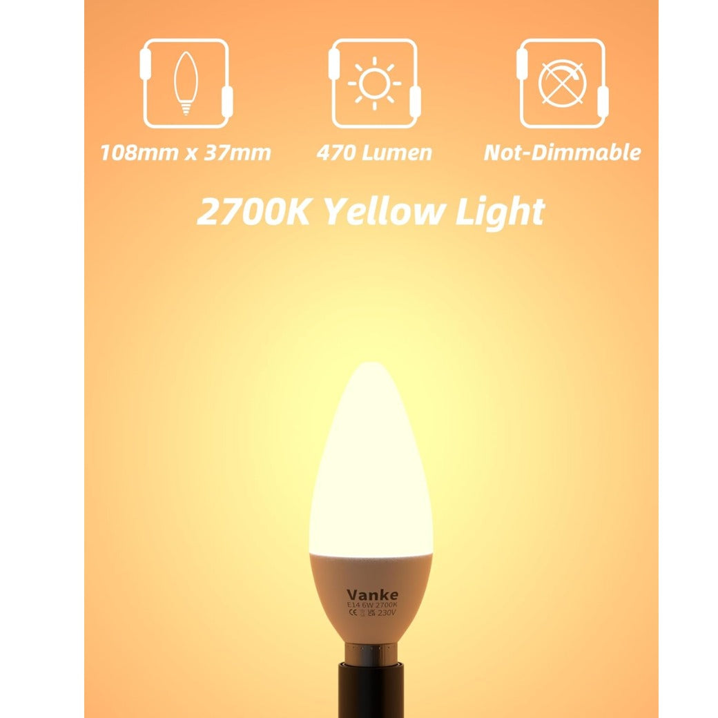 Vanke E14 LED Light Bulb, Warm White 2700K Yellow Light, 6W (40 Watts Equivalent), 470 Lumen LED Candle Bulb, SES Small Edison Screw Light Bulbs, Non-Dimmable, Pack of 3 [Energy Class F]