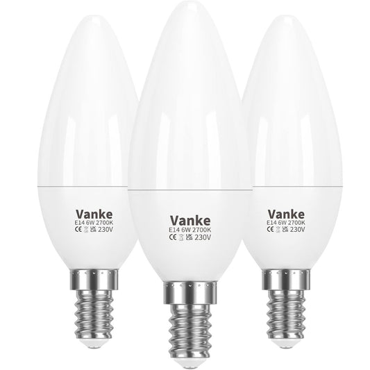 Vanke E14 LED Light Bulb, Warm White 2700K Yellow Light, 6W (40 Watts Equivalent), 470 Lumen LED Candle Bulb, SES Small Edison Screw Light Bulbs, Non-Dimmable, Pack of 3 [Energy Class F]
