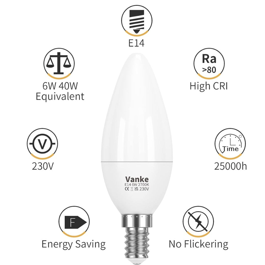 Vanke E14 LED Light Bulb, Warm White 2700K Yellow Light, 6W (40 Watts Equivalent), 470 Lumen LED Candle Bulb, SES Small Edison Screw Light Bulbs, Non-Dimmable, Pack of 3 [Energy Class F]