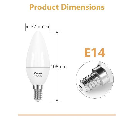 Vanke E14 LED Light Bulb, Warm White 2700K Yellow Light, 6W (40 Watts Equivalent), 470 Lumen LED Candle Bulb, SES Small Edison Screw Light Bulbs, Non-Dimmable, Pack of 3 [Energy Class F]