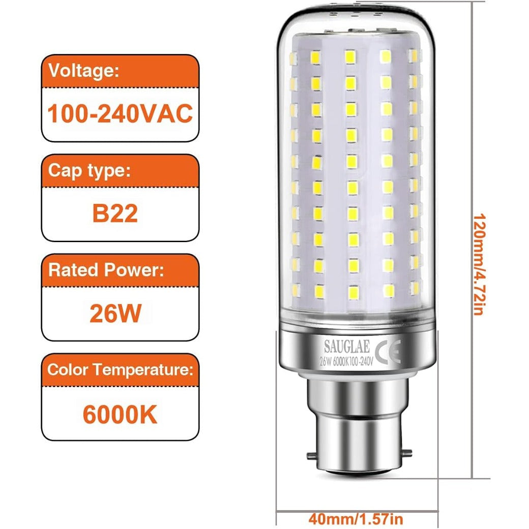 26W LED Light Bulbs, 200W Incandescent Bulbs Equivalent, B22d Bayonet Cap, 3000Lm, 6000K Daylight White, Pack of 3