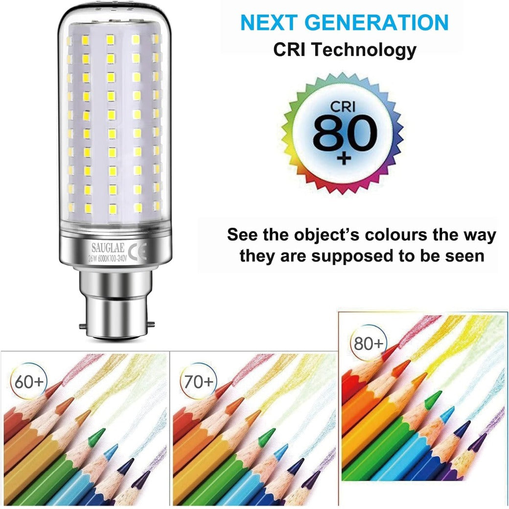 26W LED Light Bulbs, 200W Incandescent Bulbs Equivalent, B22d Bayonet Cap, 3000Lm, 6000K Daylight White, Pack of 3