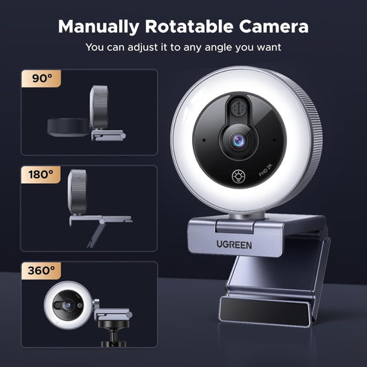 UGREEN 2K/30fps Webcam for PC, Full HD Webcam for Laptop, Noise Canceling Microphone, Adjustable Ring Light, USB Web Cam Camera for Live Streaming, Zoom Meeting, Skype, Video Calling, Conferences