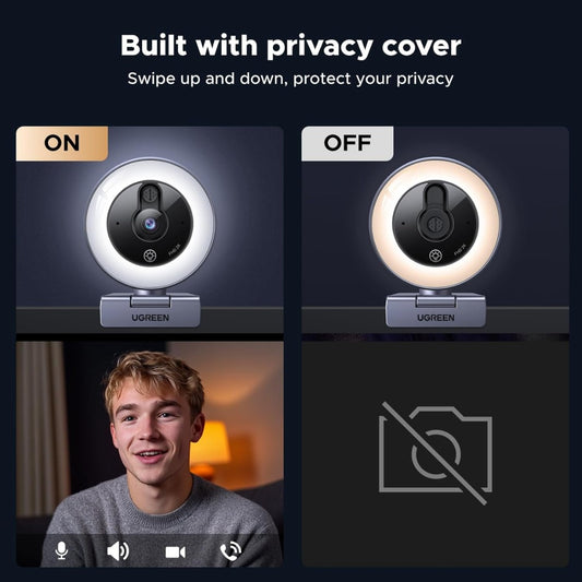 UGREEN 2K/30fps Webcam for PC, Full HD Webcam for Laptop, Noise Canceling Microphone, Adjustable Ring Light, USB Web Cam Camera for Live Streaming, Zoom Meeting, Skype, Video Calling, Conferences