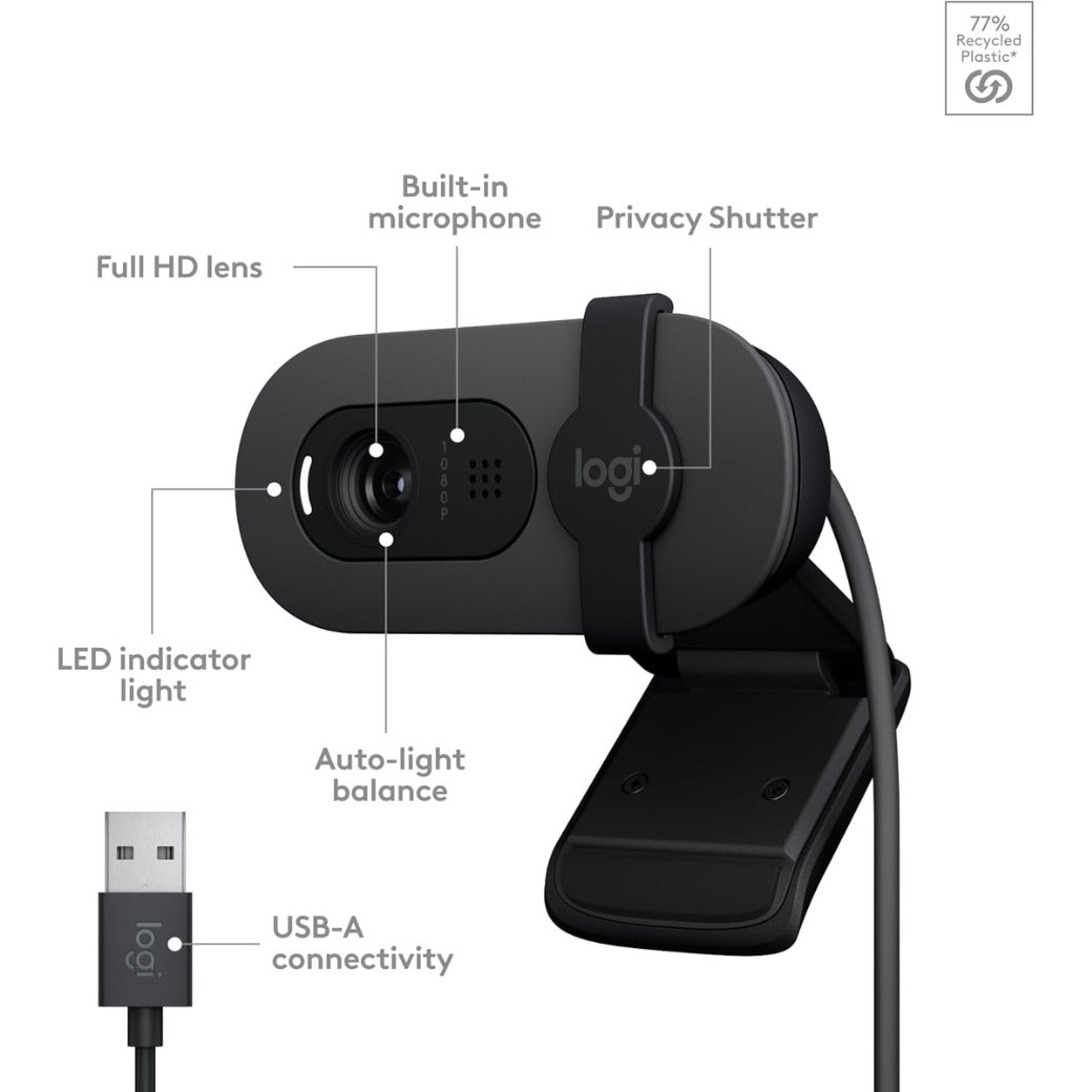Logitech Brio 100 Full HD Webcam for Meetings and Streaming, Auto-Light Balance, Built-In Mic, Privacy Shutter, USB-A, for Microsoft Teams, Google Meet, Zoom and More - Graphite