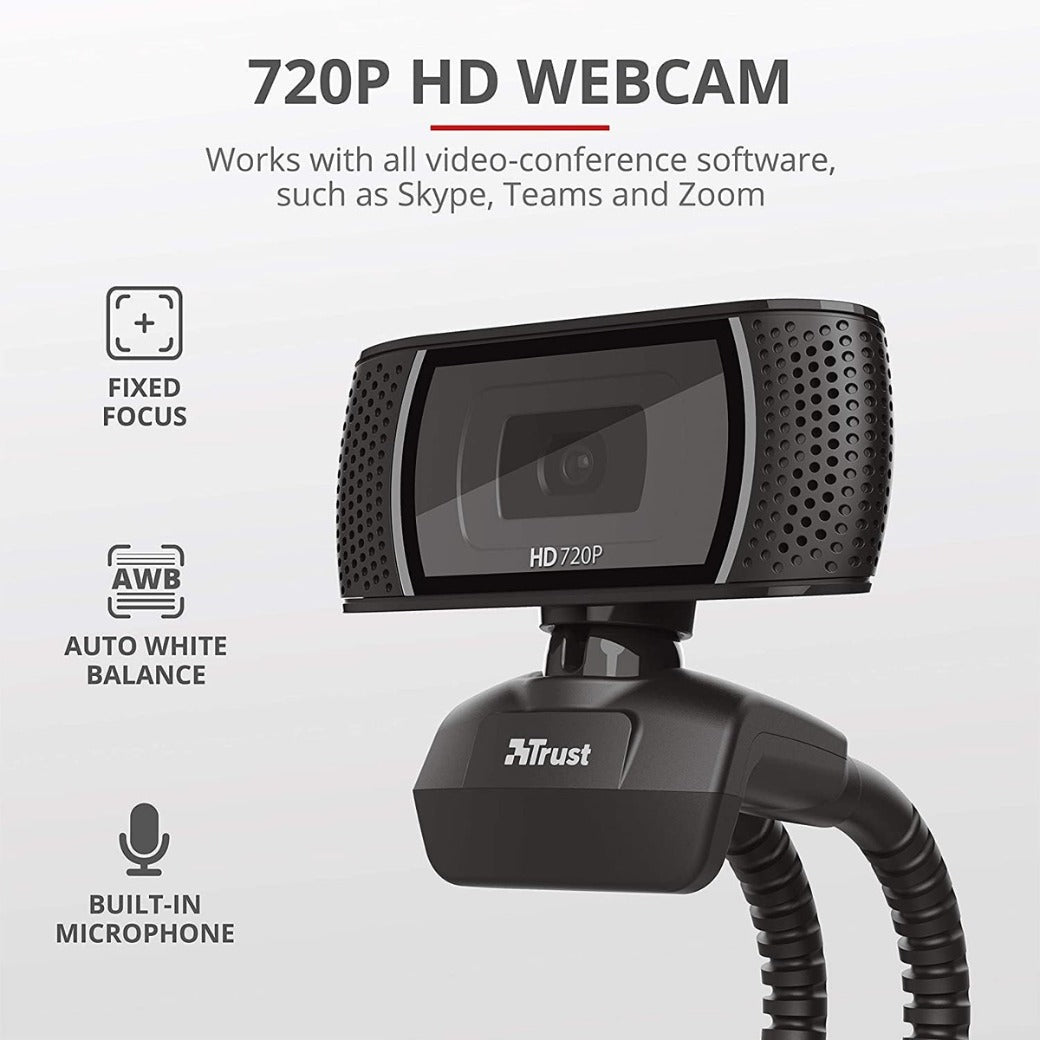 Trust Trino HD Webcam with Microphone, 1280x720, 30 FPS, Universal Stand, USB, Web Camera with Photo Button for Streaming, Video Calling, Skype, Teams, Zoom, PC, Computer, Laptop, Mac - Black