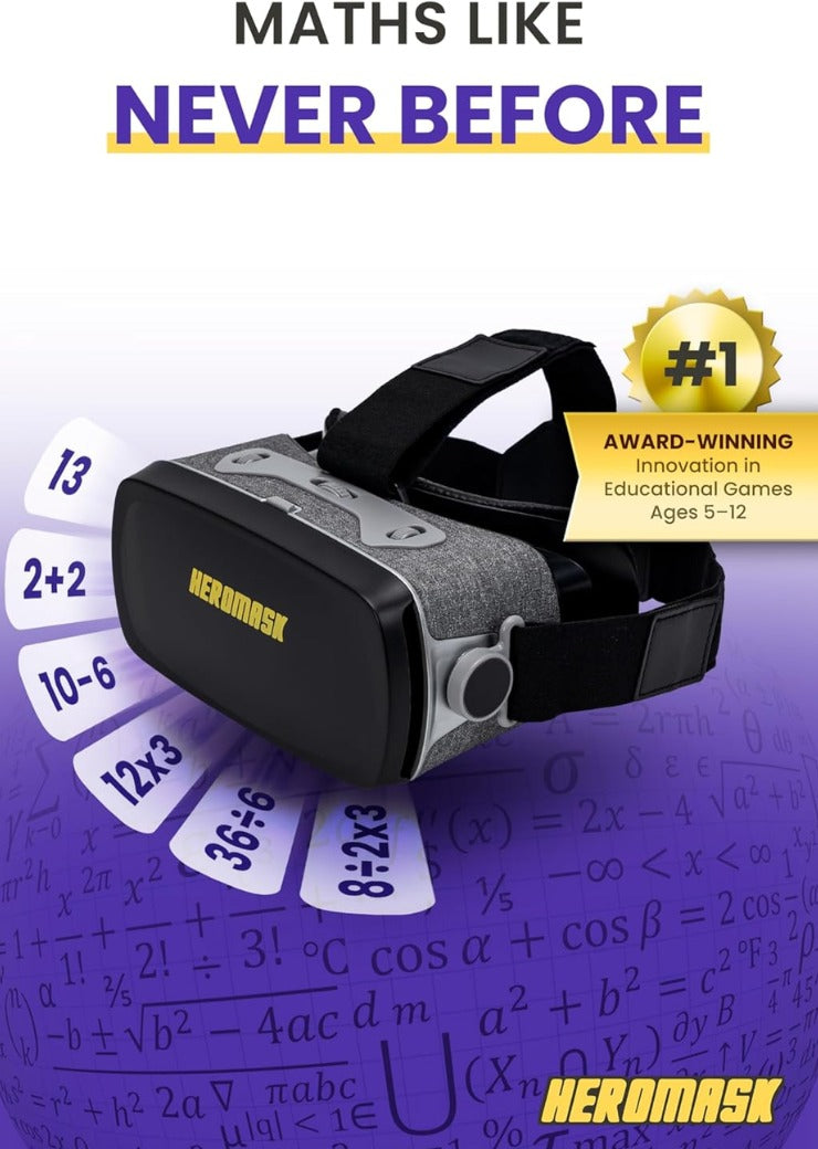 Heromask VR Headset + Maths Games (Boys&Girls 5-12) — Fun Gift to Practice Addition, Times Tables & More with Virtual Reality — Surprise kids with this Educational Toy