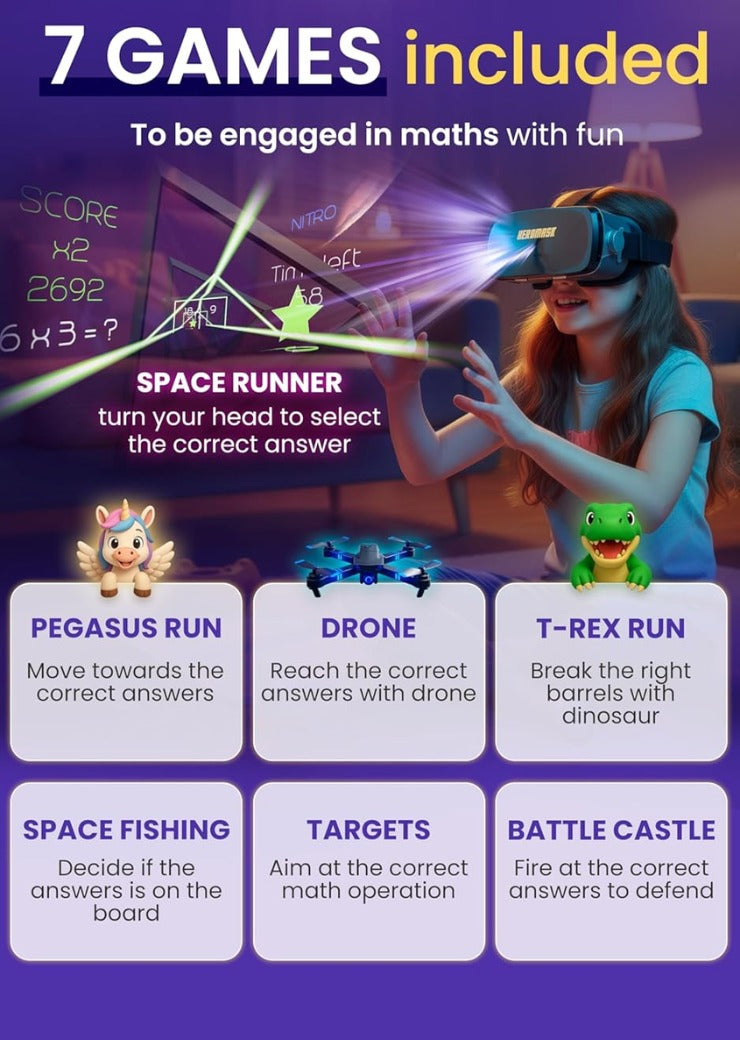 Heromask VR Headset + Maths Games (Boys&Girls 5-12) — Fun Gift to Practice Addition, Times Tables & More with Virtual Reality — Surprise kids with this Educational Toy