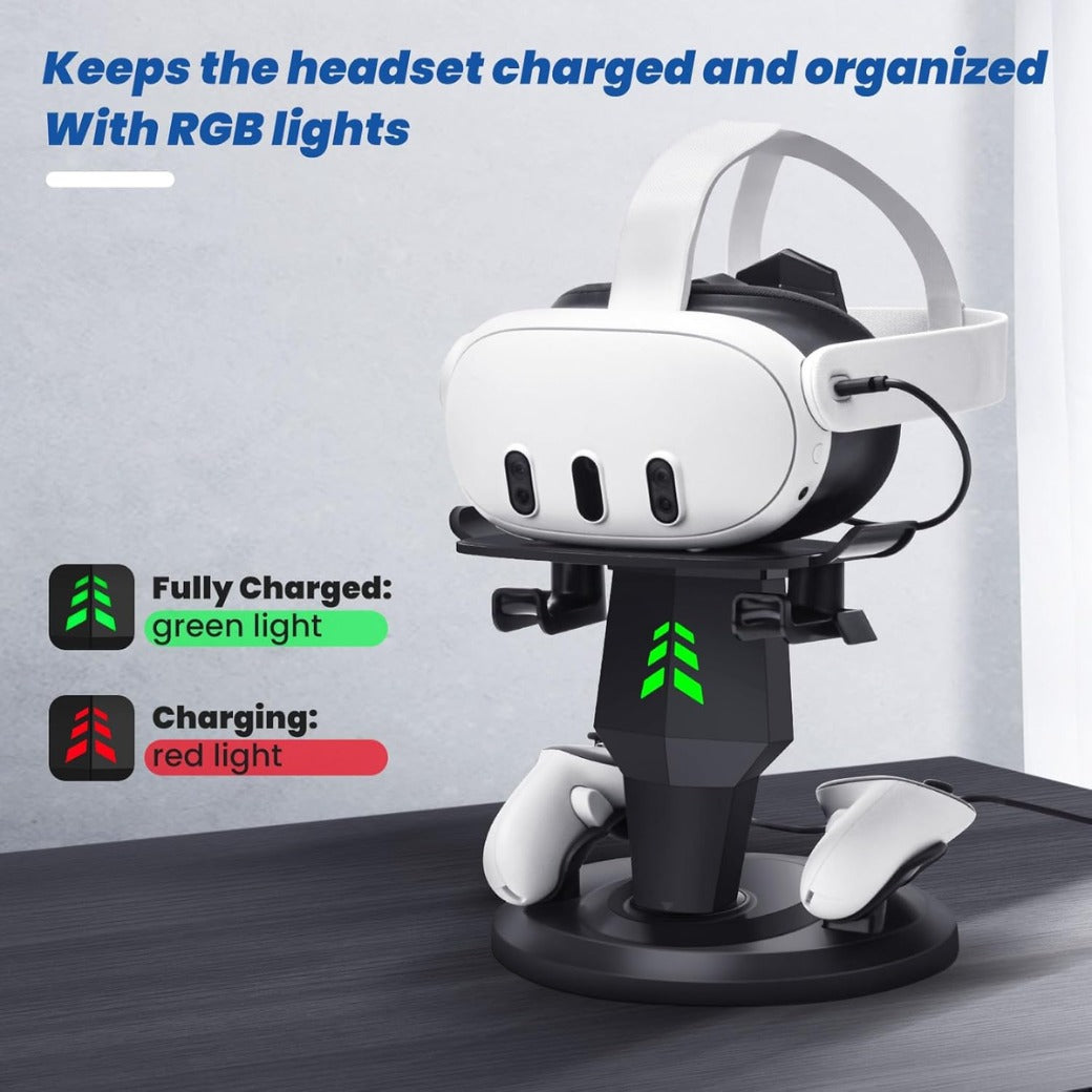 Lampelc Headset Charging Dock, VR Display Stand for Quest 3, Quest 3S, Quest 2, Rift, Rift S, Valve Index Headset, Controllers and VR Accessories, with LED Lights, Type C Charging Port