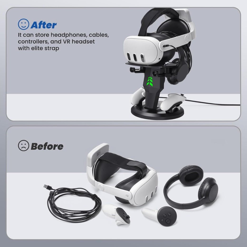 Lampelc Headset Charging Dock, VR Display Stand for Quest 3, Quest 3S, Quest 2, Rift, Rift S, Valve Index Headset, Controllers and VR Accessories, with LED Lights, Type C Charging Port