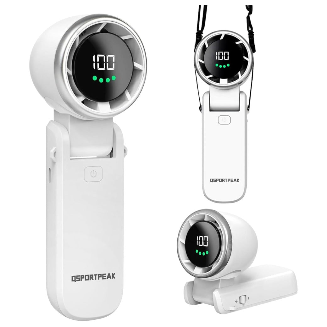 Portable Handheld Turbo Fan, 5 Gear Wind, LED Display 4000mAh Rechargeable,180°Folded,5 Speeds,Lanyard; 3-IN-1 Hand/Desk/Neck Fan with Air Turbo Tech Cooling Fan