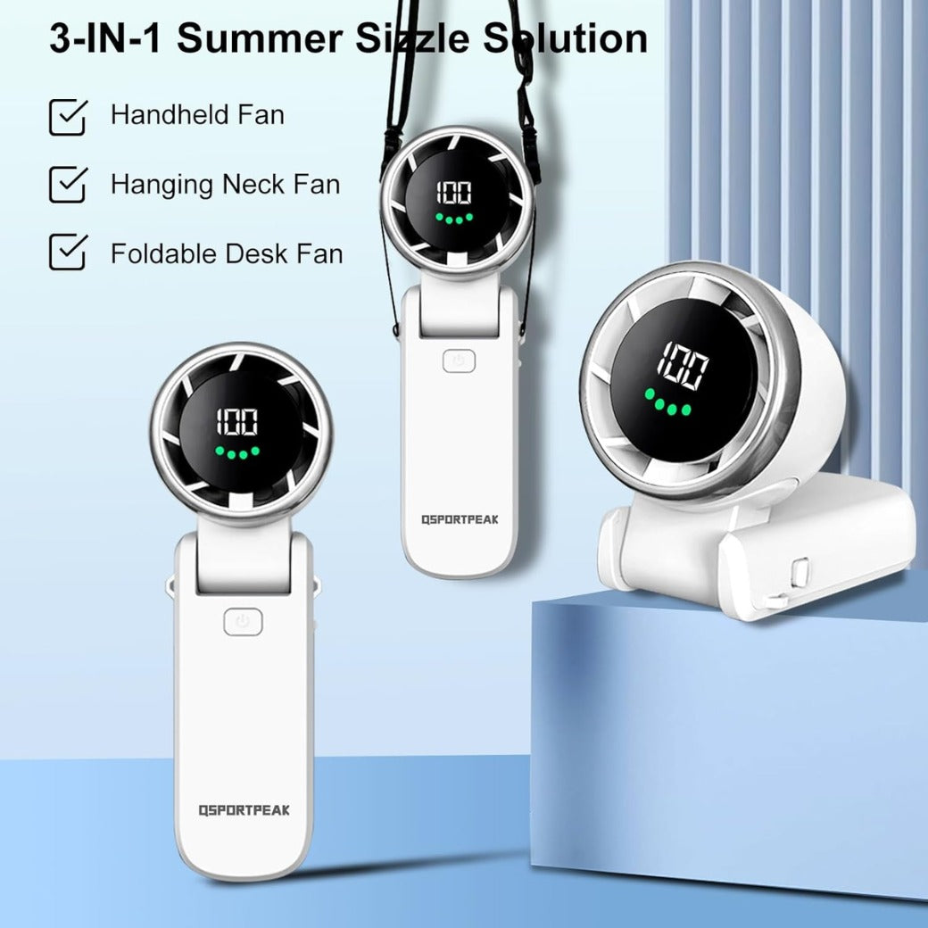 Portable Handheld Turbo Fan, 5 Gear Wind, LED Display 4000mAh Rechargeable,180°Folded,5 Speeds,Lanyard; 3-IN-1 Hand/Desk/Neck Fan with Air Turbo Tech Cooling Fan
