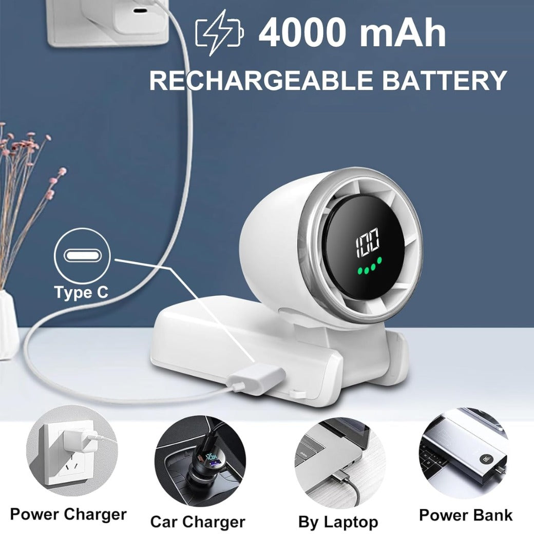 Portable Handheld Turbo Fan, 5 Gear Wind, LED Display 4000mAh Rechargeable,180°Folded,5 Speeds,Lanyard; 3-IN-1 Hand/Desk/Neck Fan with Air Turbo Tech Cooling Fan