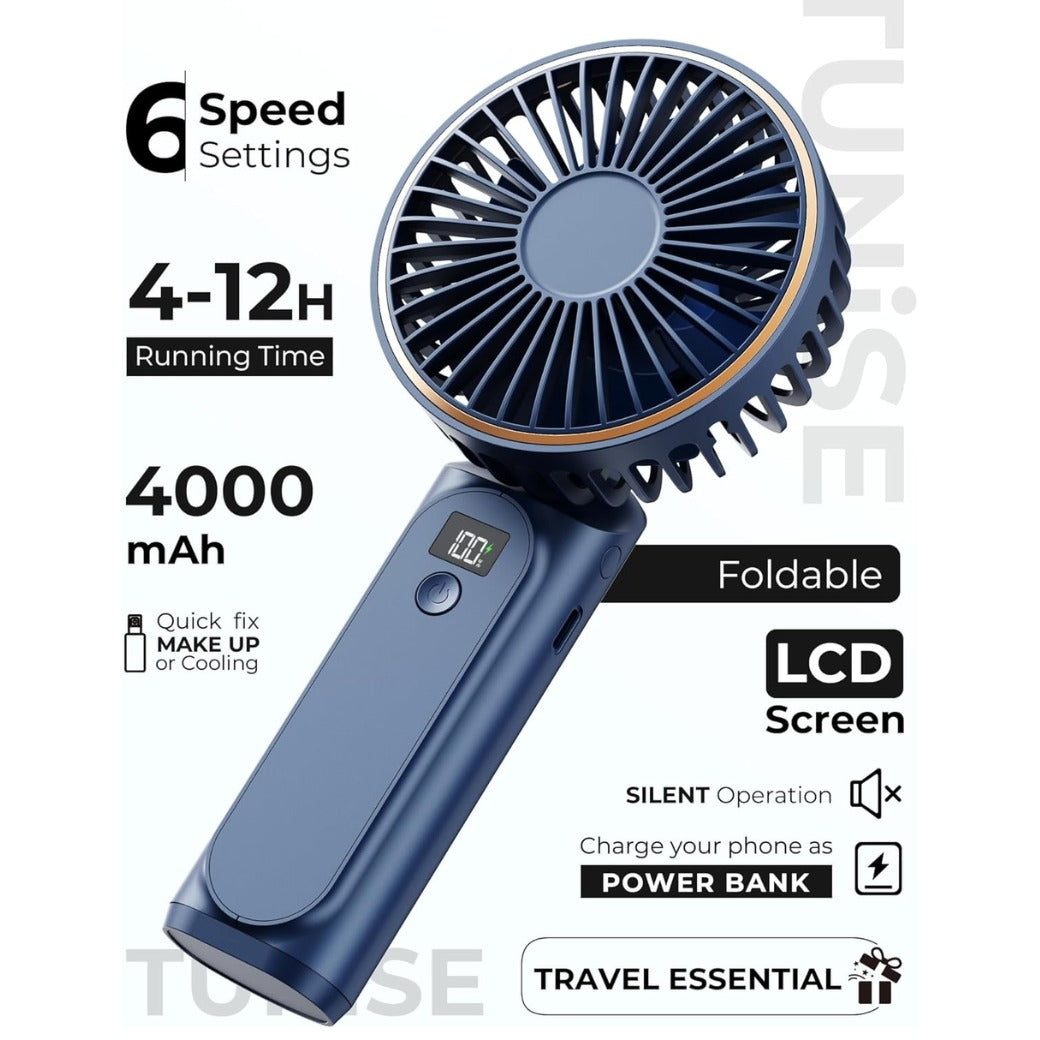 Handheld Fan, Portable fan with 4000mAh, Hand Fan with LED Display, 180° Adjustable Rechargeable Fan, 6 Speed, Travel Fan as Power Bank for Home Office Bedroom Outdoor