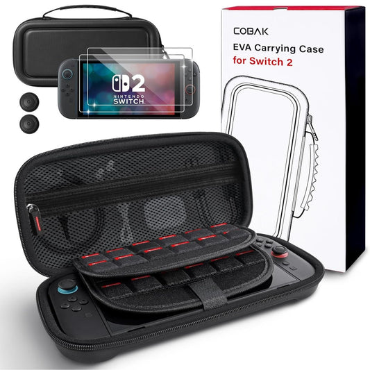 CoBak Large Capacity Carrying Case for Nintendo Switch 2 (2025) - 3 in 1 Accessories Bundle with 2 Screen Protectors, Thumb Grip Caps, 24 Game Cards/microSD | Gift Box Edition (Black)
