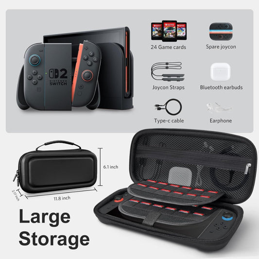 CoBak Large Capacity Carrying Case for Nintendo Switch 2 (2025) - 3 in 1 Accessories Bundle with 2 Screen Protectors, Thumb Grip Caps, 24 Game Cards/microSD | Gift Box Edition (Black)