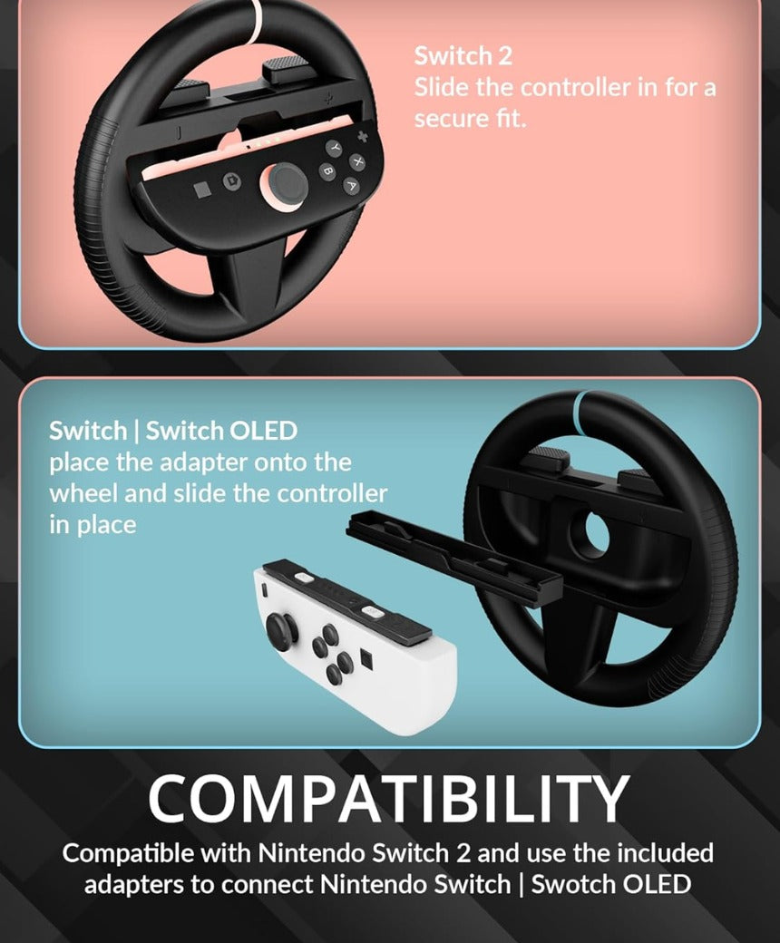 Orzly Steering Wheels – Compatible with Nintendo Switch 2 (2025 Console) – Twin Pack Racing Wheel Accessories for Joy-Con Controllers and Kart Racing Titles (2 Black Wheels)
