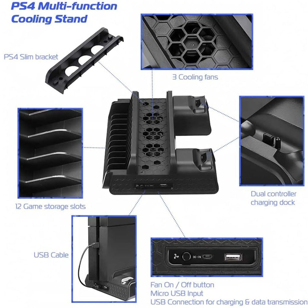 ADZ Multi-Function Stand with Cooling Fan for PS4, Controller Charging Dock & 12 Games Rack Compatible with Original PS4, Slim & Pro Consoles