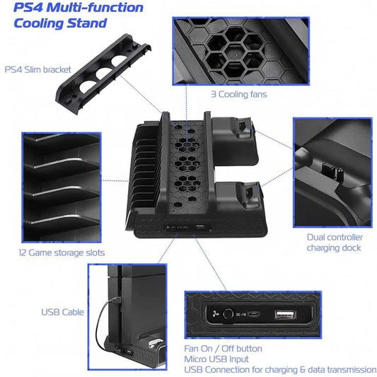 ADZ Multi-Function Stand with Cooling Fan for PS4, Controller Charging Dock & 12 Games Rack Compatible with Original PS4, Slim & Pro Consoles