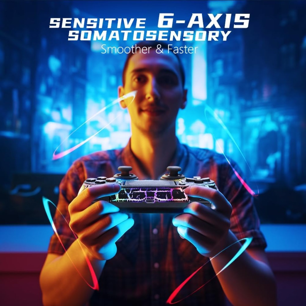 AceGamer Wireless Controller for PS4 Game Compatible with PS4/Pro/PC with Motion Motors and Audio Function,Mini LED Indicator,USB Cable and Anti-Slip (Black Crack)