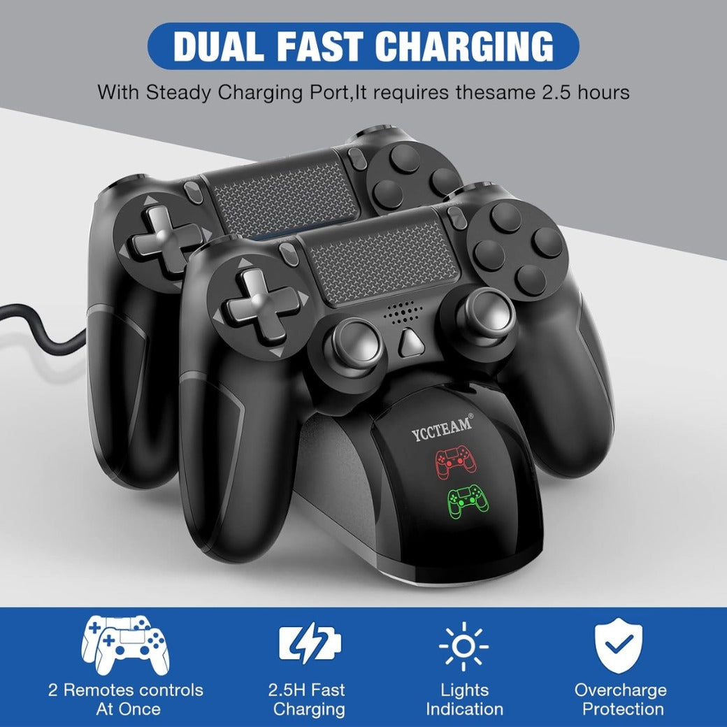 PS4 Controller Charger, Fast Dual USB P4 Controller Charging Station P4 / PS4 Slim/P-S4 Pro Charging Dock Stand Station 4 Thumb Grips