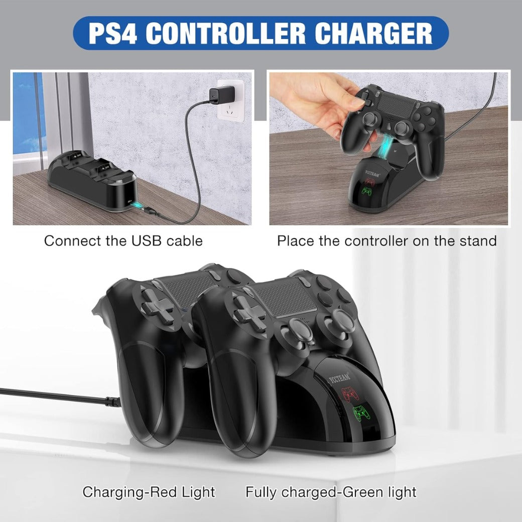 PS4 Controller Charger, Fast Dual USB P4 Controller Charging Station P4 / PS4 Slim/P-S4 Pro Charging Dock Stand Station 4 Thumb Grips