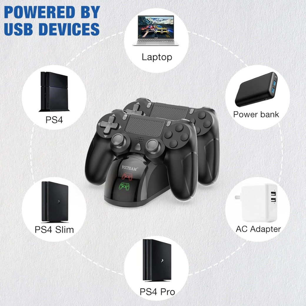 PS4 Controller Charger, Fast Dual USB P4 Controller Charging Station P4 / PS4 Slim/P-S4 Pro Charging Dock Stand Station 4 Thumb Grips