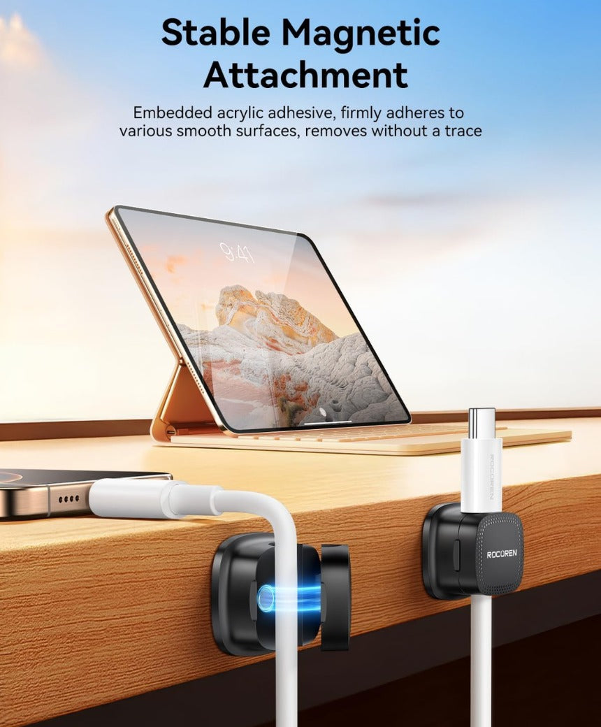 Rocoren Cable Holder Clips, 6 Pack Magnetic Desk Cable Cord Organiser, USB Charger Cable Tidy, Strong Adhesive Wire Management for Nightstand, Kitchen Appliances, Office Supplies