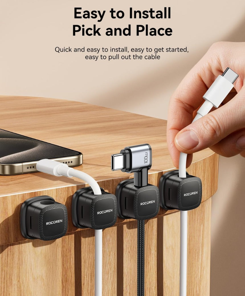 Rocoren Cable Holder Clips, 6 Pack Magnetic Desk Cable Cord Organiser, USB Charger Cable Tidy, Strong Adhesive Wire Management for Nightstand, Kitchen Appliances, Office Supplies