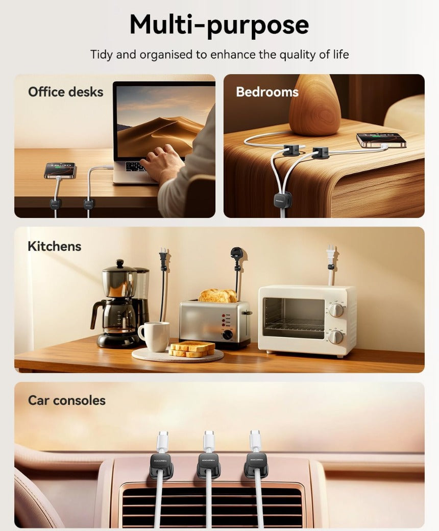 Rocoren Cable Holder Clips, 6 Pack Magnetic Desk Cable Cord Organiser, USB Charger Cable Tidy, Strong Adhesive Wire Management for Nightstand, Kitchen Appliances, Office Supplies