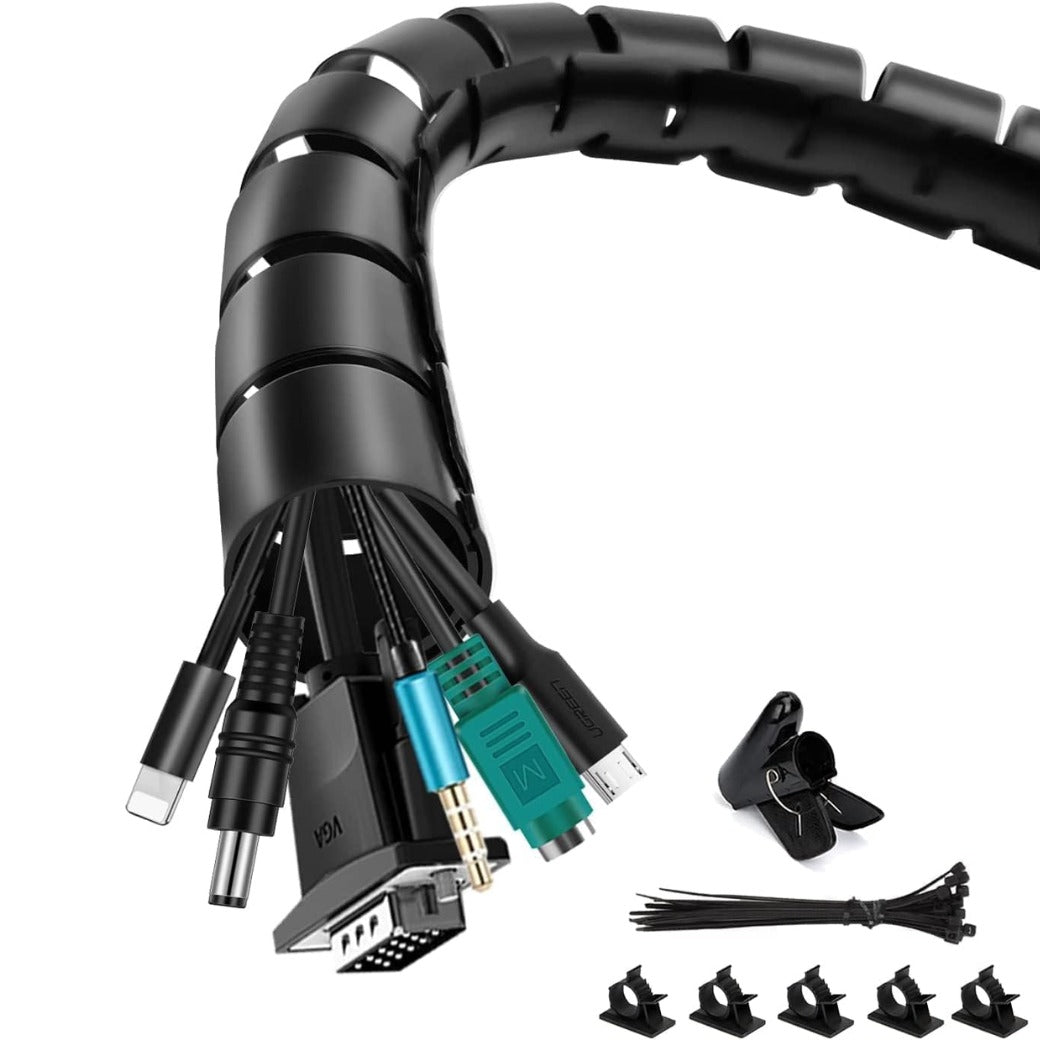 Cable Management Sleeve, 3m/9.8ft Wire Sleeve with 20pcs Zip Ties, 5 Adhesive Cable Clips, 1 Wire Guide Clip, ∅0.63"/16mm+∅0.87"/22mm Cable Tidy Tube Wire Organizer for TV PC Home, Black
