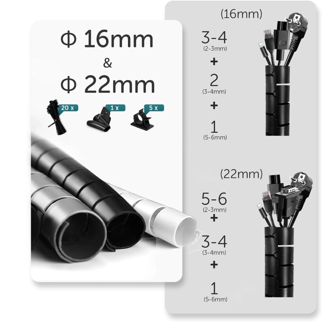 Cable Management Sleeve, 3m/9.8ft Wire Sleeve with 20pcs Zip Ties, 5 Adhesive Cable Clips, 1 Wire Guide Clip, ∅0.63"/16mm+∅0.87"/22mm Cable Tidy Tube Wire Organizer for TV PC Home, Black