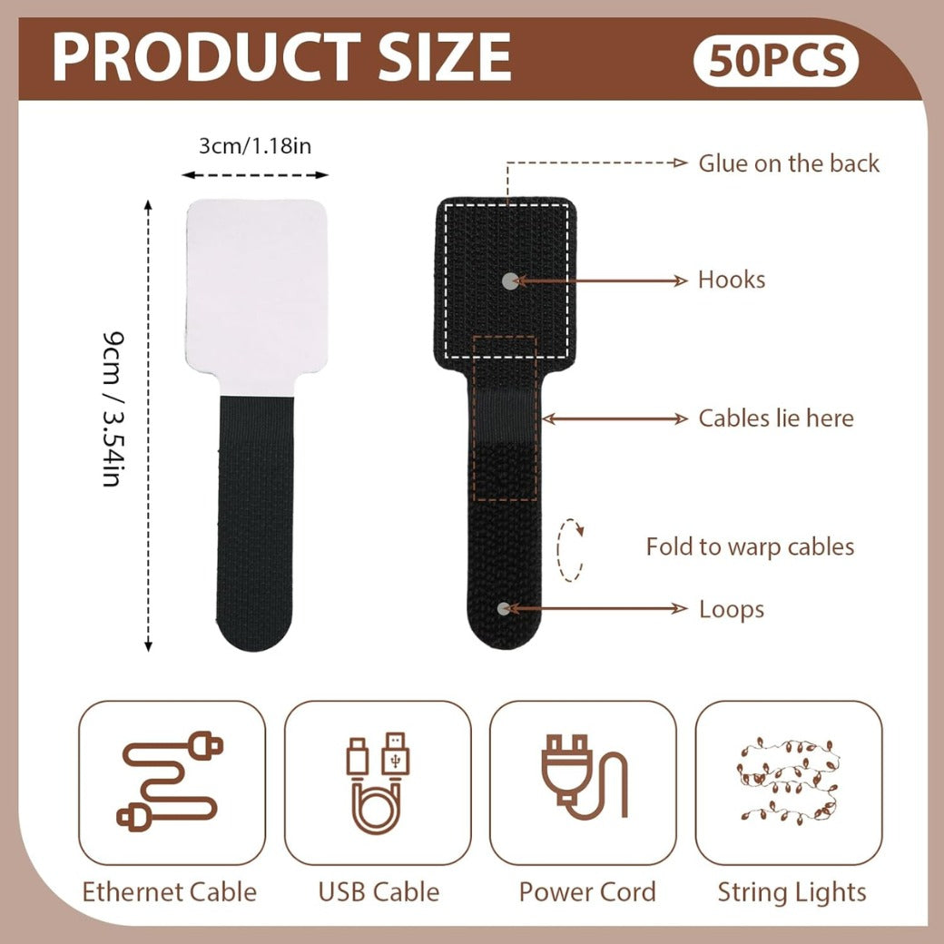 50 PCS Cable Management Under Desk Cable Ties Tidy Self Adhesive Clips Straps Wire Organizer Sticky-back Reusable Cord Holder Adjustable Hook and Loop Nylon Hider for TV PC Desktop Office Small Black