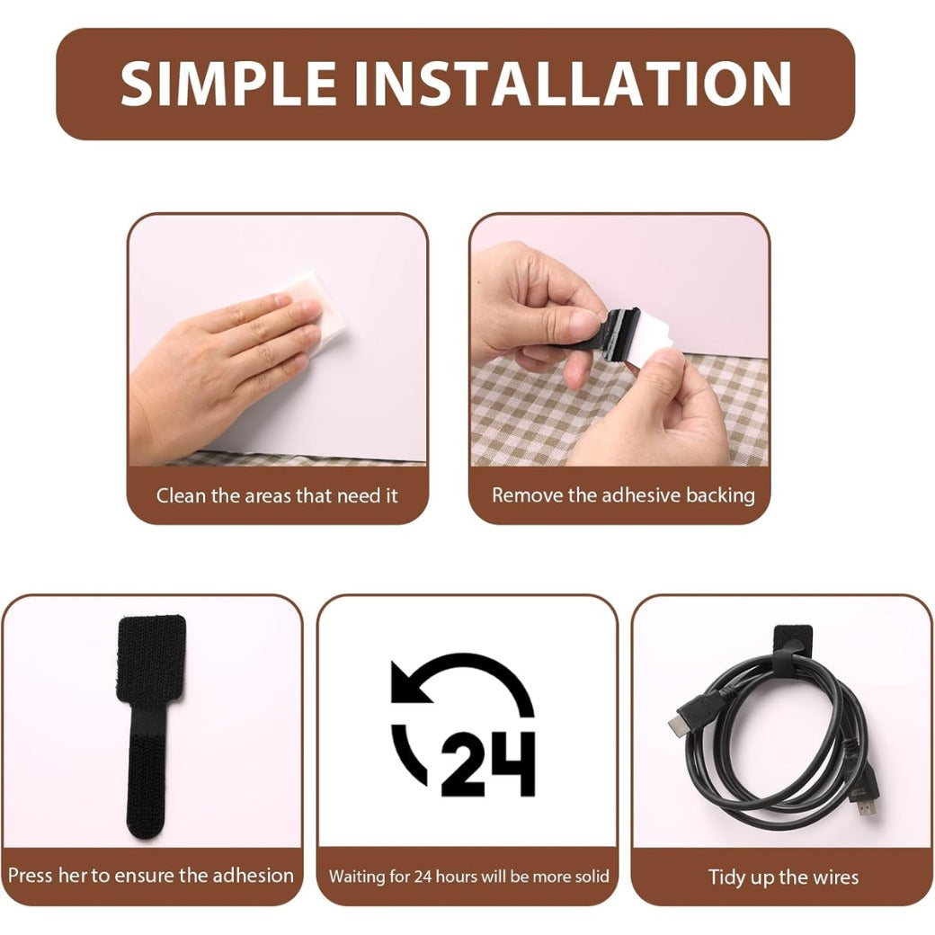 50 PCS Cable Management Under Desk Cable Ties Tidy Self Adhesive Clips Straps Wire Organizer Sticky-back Reusable Cord Holder Adjustable Hook and Loop Nylon Hider for TV PC Desktop Office Small Black
