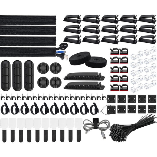 SOULWIT 200PCS Cable Management Kit,4 Cable Sleeves,37 Cable Clips,7 Cable Holders,10 Zip Tie Mounts,20 Cable Clip Nails,100 Cable Fastening Ties,20+2 Roll Cable Straps for TV PC Computer Under Desk
