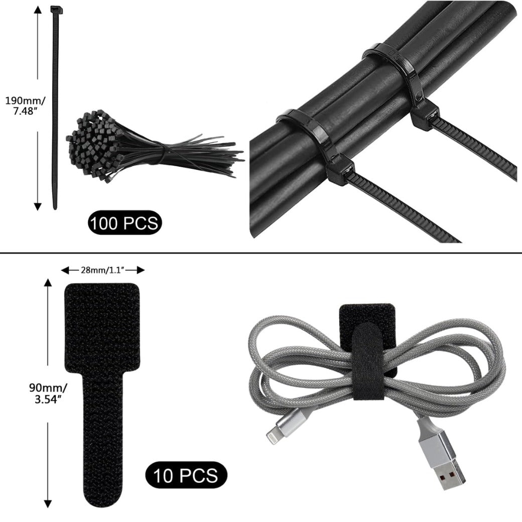 SOULWIT 200PCS Cable Management Kit,4 Cable Sleeves,37 Cable Clips,7 Cable Holders,10 Zip Tie Mounts,20 Cable Clip Nails,100 Cable Fastening Ties,20+2 Roll Cable Straps for TV PC Computer Under Desk