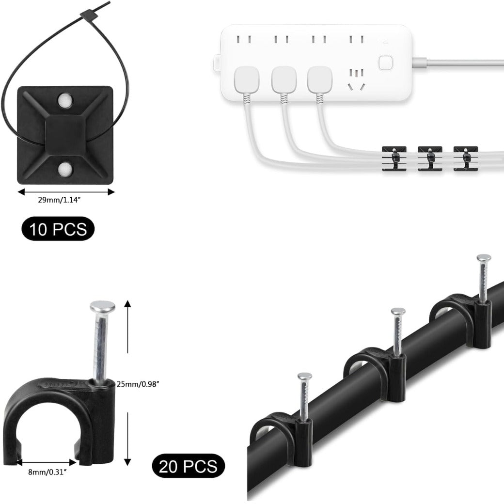 SOULWIT 200PCS Cable Management Kit,4 Cable Sleeves,37 Cable Clips,7 Cable Holders,10 Zip Tie Mounts,20 Cable Clip Nails,100 Cable Fastening Ties,20+2 Roll Cable Straps for TV PC Computer Under Desk