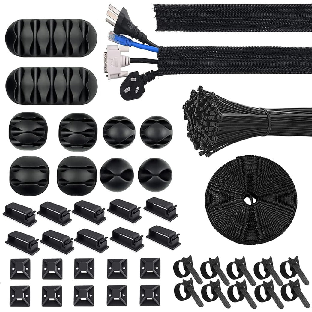 Cable Management Kit 142Pcs,Wire Organiser Cable Tidy,1 Cable Sleeve,10 Self Adhesive Base,10 Cable Clips,10 Cable Ties,10 Silicone Cord Holder,1 Roll Self Adhesive Tie,100 Wire Fastening Ties