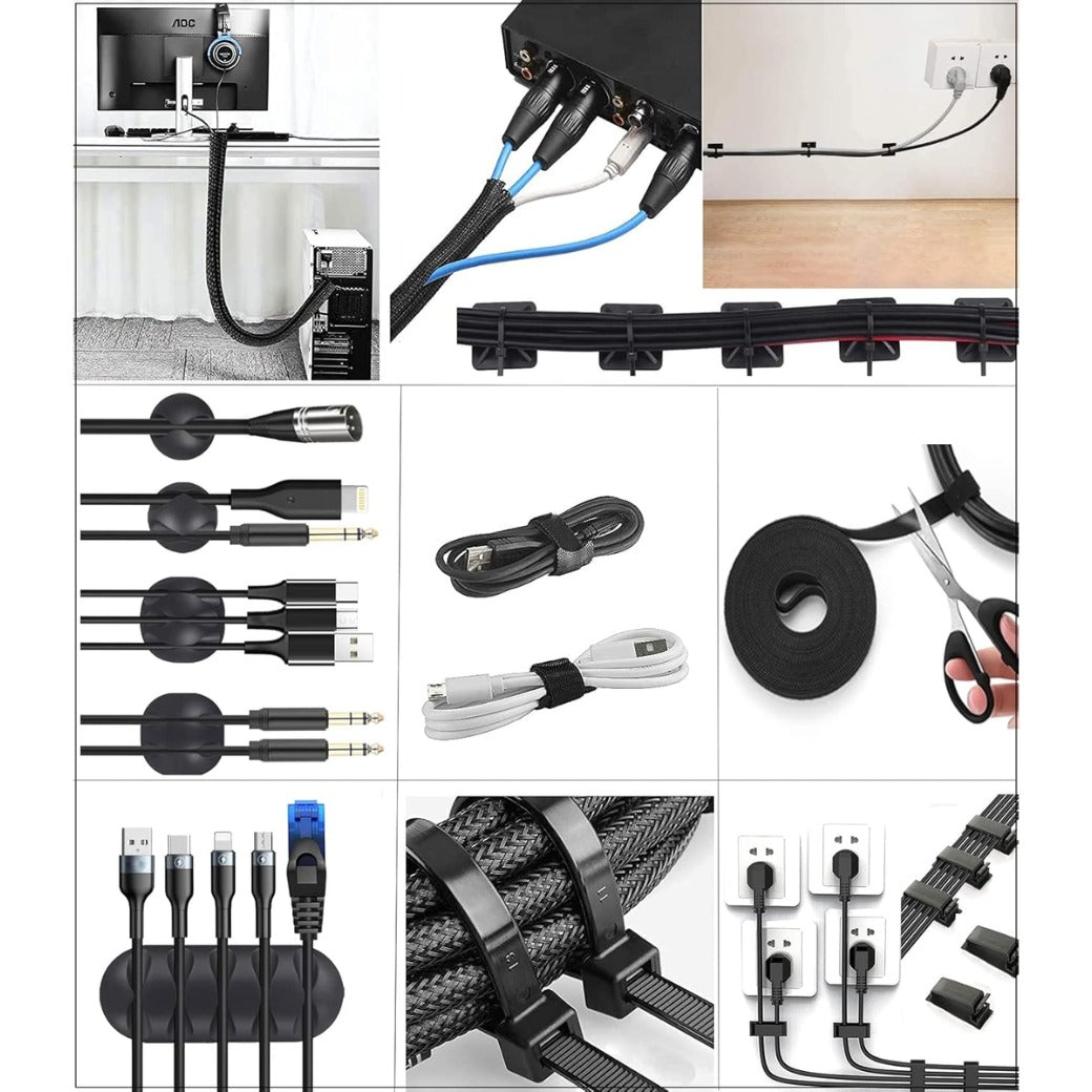 Cable Management Kit 142Pcs,Wire Organiser Cable Tidy,1 Cable Sleeve,10 Self Adhesive Base,10 Cable Clips,10 Cable Ties,10 Silicone Cord Holder,1 Roll Self Adhesive Tie,100 Wire Fastening Ties