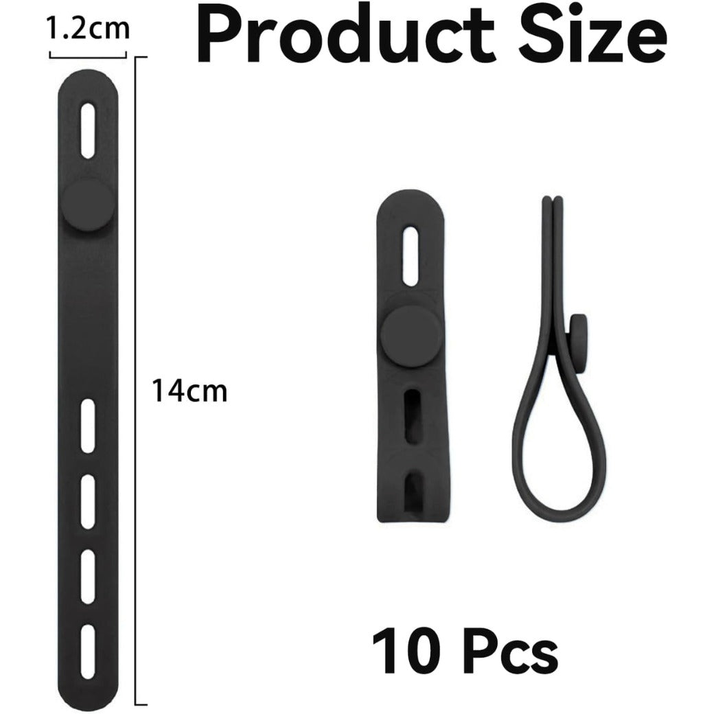 10 Pcs Silicone Cable Ties,Reusable Rubber Cable Tie,Silicone Zip Ties with Lock Buckle,Elastic Adjustable Black,for Earphone,Phone,Computer Charger Line,Mouse in Home,Office Table