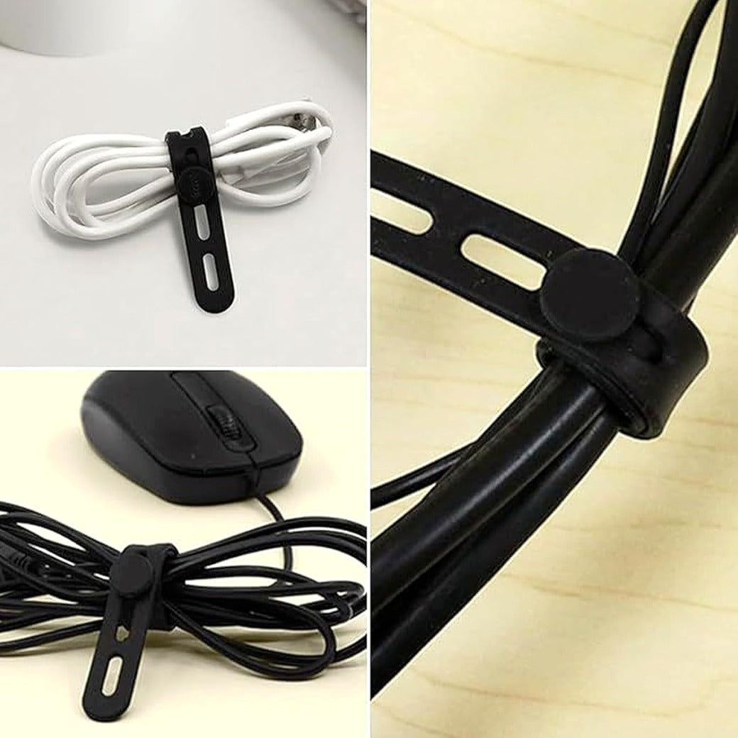 10 Pcs Silicone Cable Ties,Reusable Rubber Cable Tie,Silicone Zip Ties with Lock Buckle,Elastic Adjustable Black,for Earphone,Phone,Computer Charger Line,Mouse in Home,Office Table