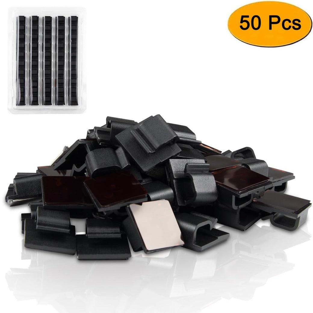 SOULWIT 50 Pcs Self Adhesive Cable Management Clips, Cable Organizers Sticky Wire Clips Cord Holder for TV PC Laptop Ethernet Cable Desktop Home Office (Black)