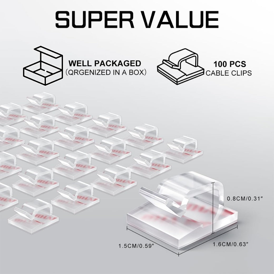 100PCS Self Adhesive Cable Clips, Sticky Wire Tidy Hooks, Adhesive Management Holder for Organiser Wall, Desk, Home and Office (Transparent, Small