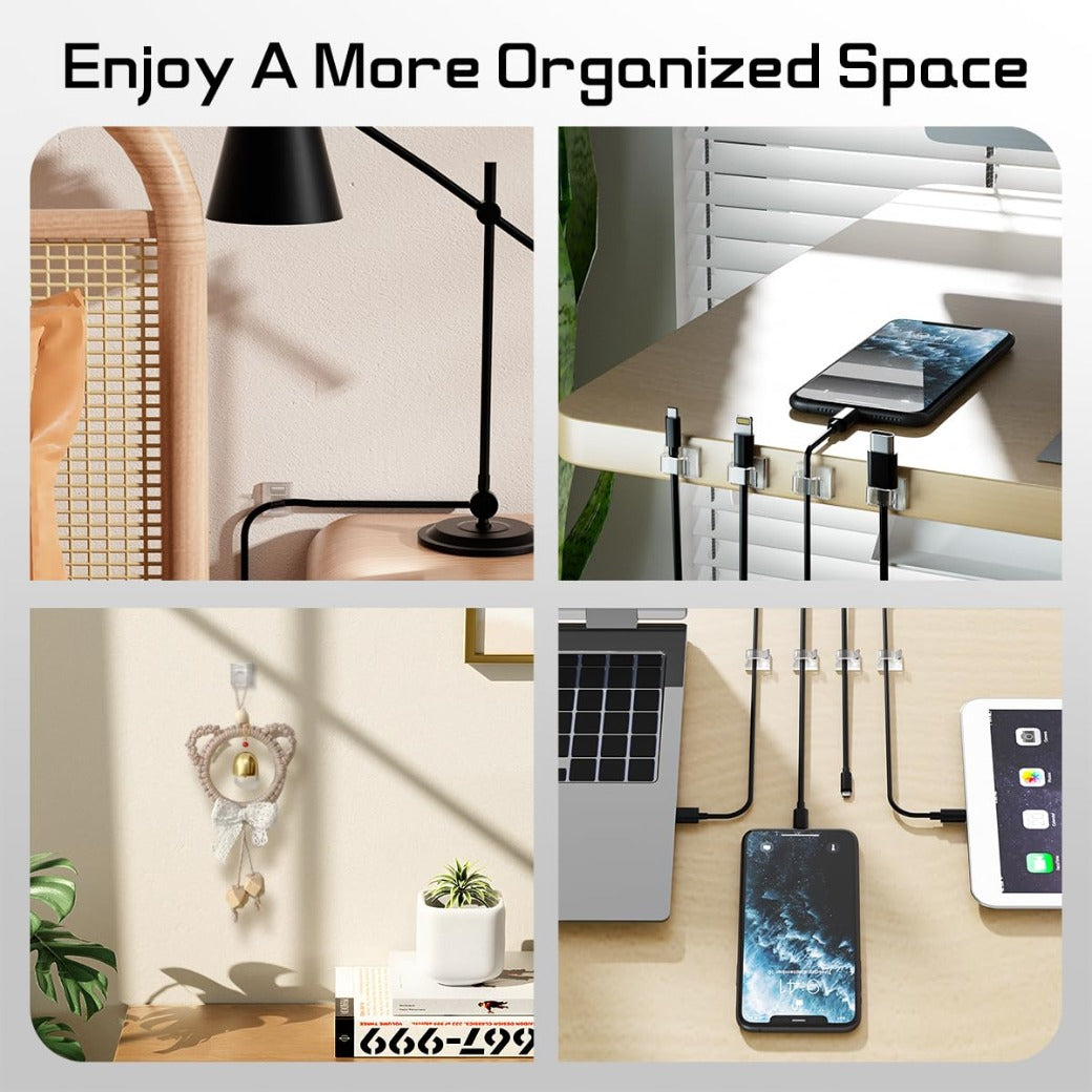 100PCS Self Adhesive Cable Clips, Sticky Wire Tidy Hooks, Adhesive Management Holder for Organiser Wall, Desk, Home and Office (Transparent, Small