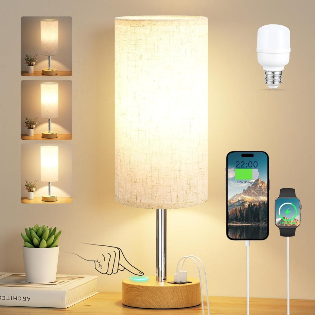 Aooshine Bedside Lamps, Table Lamp for Living Room Bedroom, Touch Lamps Bedside with USB A+C Charging Ports, Dimmable Small Lamp with Fabric Shade for Kids Room, Study, Dorm, Office(Bulb Included)