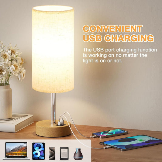 Aooshine Bedside Lamps, Table Lamp for Living Room Bedroom, Touch Lamps Bedside with USB A+C Charging Ports, Dimmable Small Lamp with Fabric Shade for Kids Room, Study, Dorm, Office(Bulb Included)