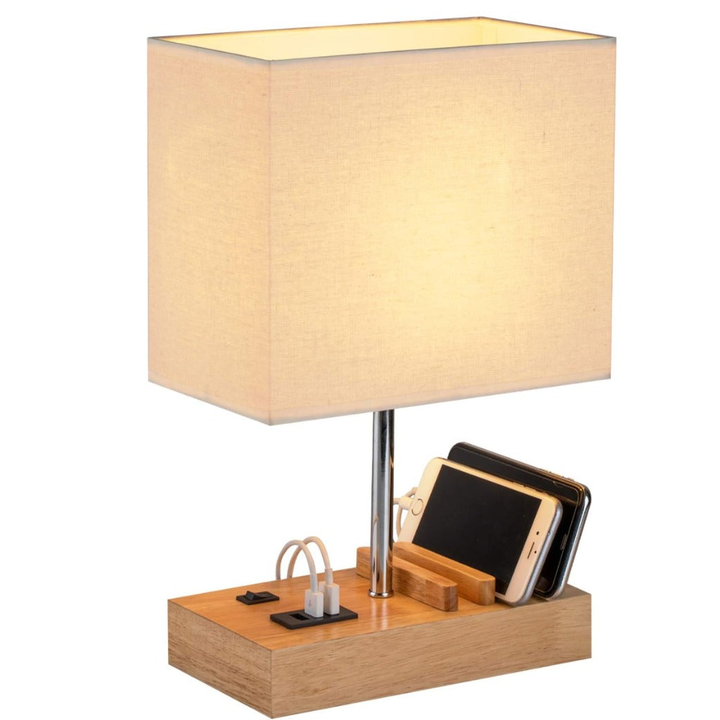 USB Bedside Table Lamp, HHome Plus Desk Lamp with 3 USB Charging Ports and Phone Charge Dock, Wood Charging Station and Organizer, Perfect Light for Bedroom, Guest Room, Living Room, Office