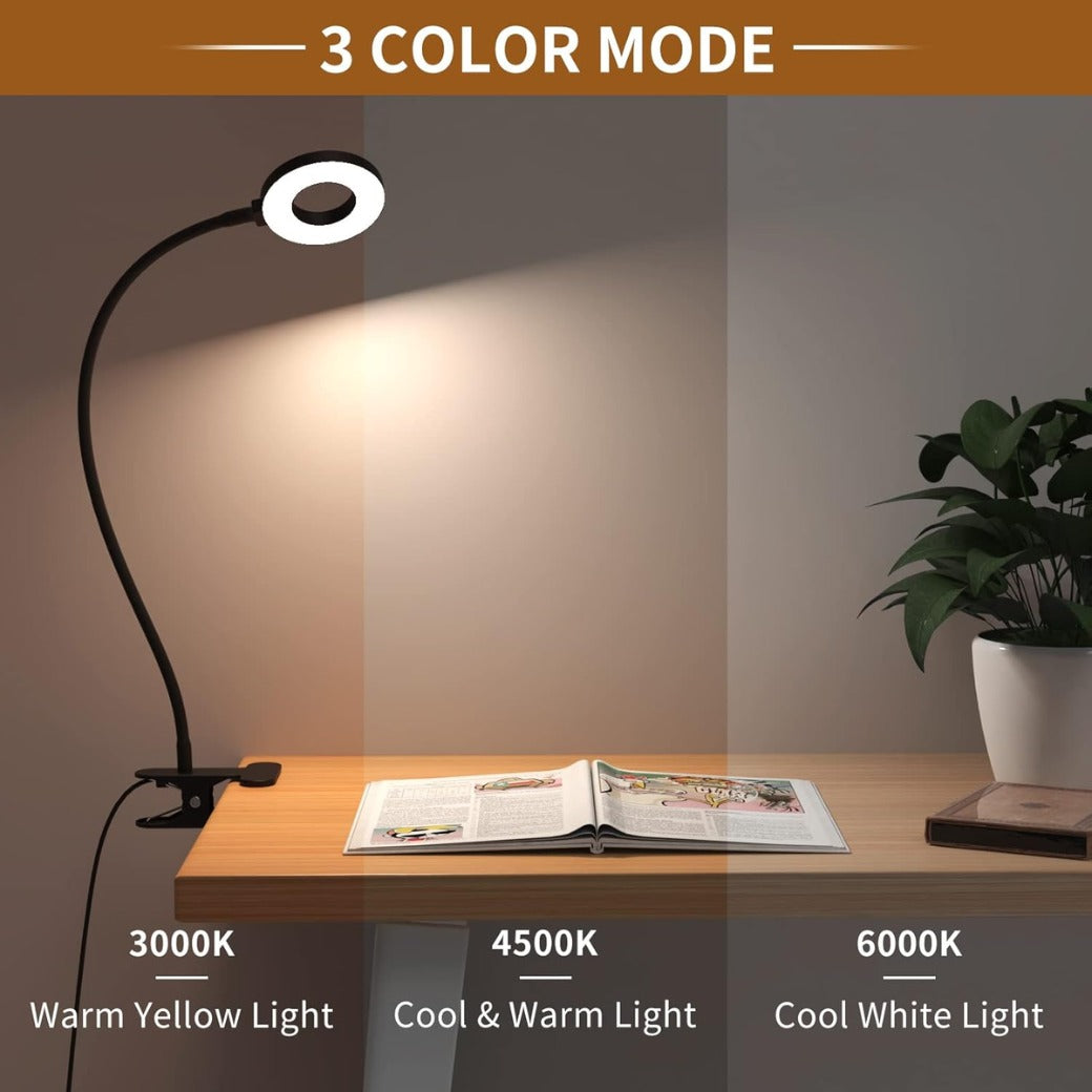 iZELL LED Desk Lamp with USB Adapter【3 Color Modes 10 Brightness】 Eye Caring Clip on Clamp Light, 40cm Flexible Arm Book Ring Light for Gaming/Video Conference/Reading, Clip on Table, Headboard